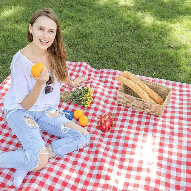Alt view image 7 of 7 - Large Picnic Blankets,80x60in Beach Blanket Sandproof Beach Mat for 3-5 Adults Waterproof Quick Drying Outdoor Picnic Mat for Travel Camping Hiking(Red Plaids)