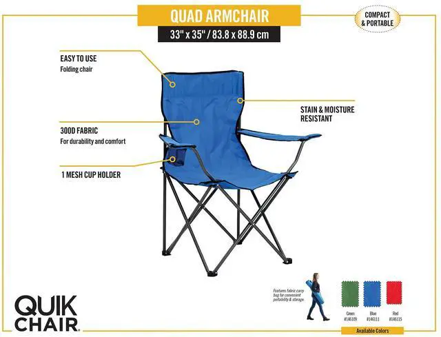 Alt view image 3 of 6 - Quik Shade Chair Portable Folding Chair with Arm Rest Cup Holder and Carrying and Storage Bag, Red (146115)