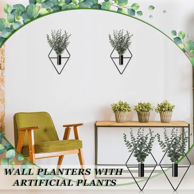 Alt view image 4 of 7 - 4 Pcs Hanging Planters with Artificial Eucalyptus Metal Hanging Vase Indoor Plants Holder Modern Geometric Boho Bathroom Wall Decor for Living Room Home Office(Black)