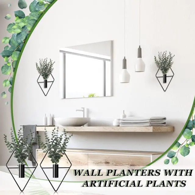 Alt view image 5 of 7 - 4 Pcs Hanging Planters with Artificial Eucalyptus Metal Hanging Vase Indoor Plants Holder Modern Geometric Boho Bathroom Wall Decor for Living Room Home Office(Black)