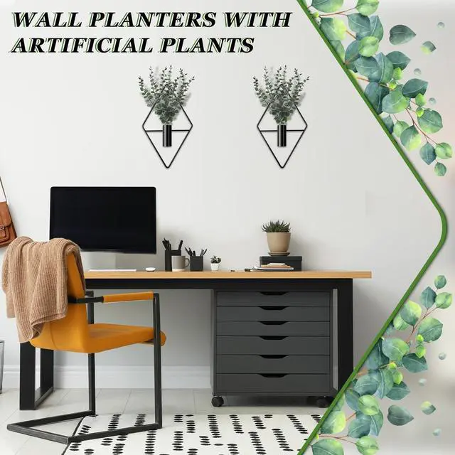 Alt view image 6 of 7 - 4 Pcs Hanging Planters with Artificial Eucalyptus Metal Hanging Vase Indoor Plants Holder Modern Geometric Boho Bathroom Wall Decor for Living Room Home Office(Black)