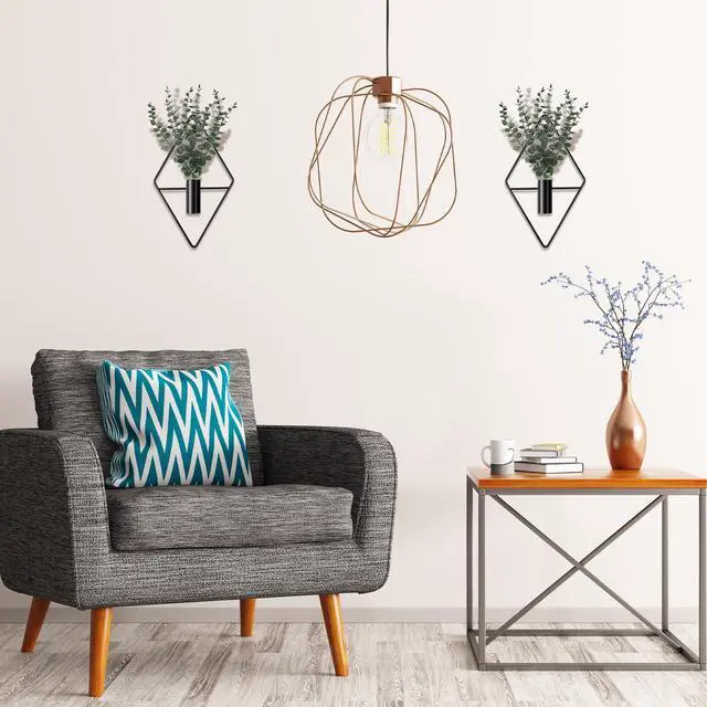 Alt view image 7 of 7 - 4 Pcs Hanging Planters with Artificial Eucalyptus Metal Hanging Vase Indoor Plants Holder Modern Geometric Boho Bathroom Wall Decor for Living Room Home Office(Black)