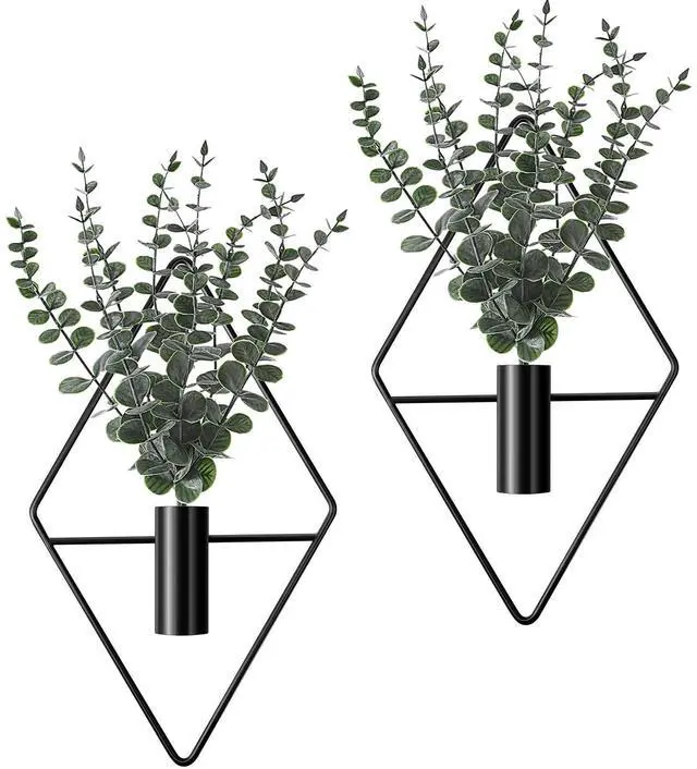 Main image of 4 Pcs Hanging Planters with Artificial Eucalyptus Metal Hanging Vase Indoor Plants Holder Modern Geometric Boho Bathroom Wall Decor for Living Room Home Office(Black)