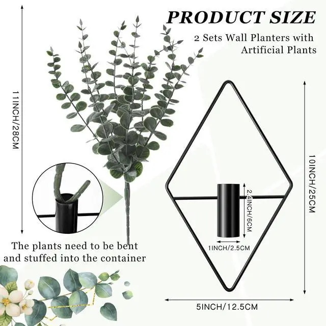 Alt view image 2 of 7 - 4 Pcs Hanging Planters with Artificial Eucalyptus Metal Hanging Vase Indoor Plants Holder Modern Geometric Boho Bathroom Wall Decor for Living Room Home Office(Black)