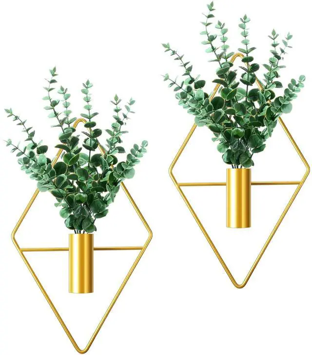 Main image of 2 Pieces Gold Wall Decor Hanging Planters with Artificial Plants Metal Vase Indoor Plants Holder Modern Geometric Wall Art for Home Bathroom Bedroom Living Room Office(Eucalyptus,Medium)