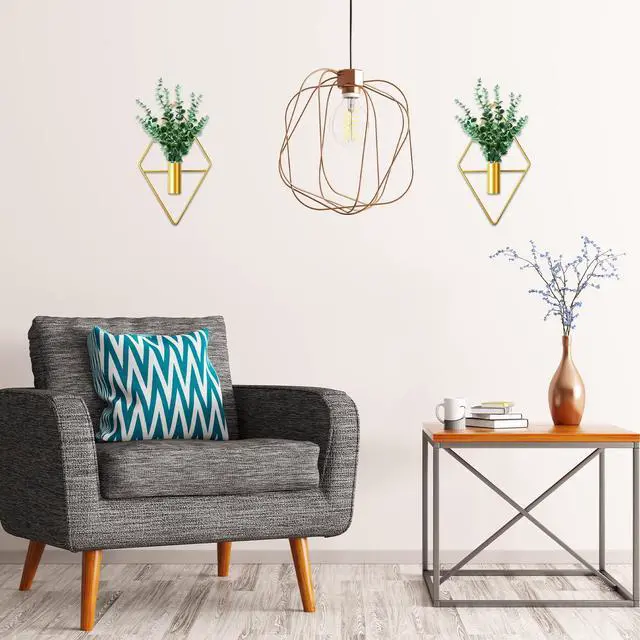 Alt view image 7 of 7 - 2 Pieces Gold Wall Decor Hanging Planters with Artificial Plants Metal Vase Indoor Plants Holder Modern Geometric Wall Art for Home Bathroom Bedroom Living Room Office(Eucalyptus,Medium)