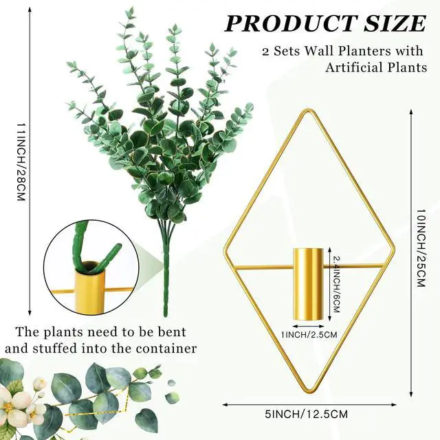 Alt view image 2 of 7 - 2 Pieces Gold Wall Decor Hanging Planters with Artificial Plants Metal Vase Indoor Plants Holder Modern Geometric Wall Art for Home Bathroom Bedroom Living Room Office(Eucalyptus,Medium)