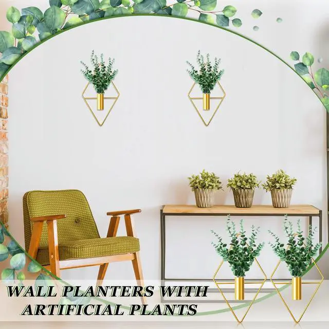 Alt view image 5 of 7 - 2 Pieces Gold Wall Decor Hanging Planters with Artificial Plants Metal Vase Indoor Plants Holder Modern Geometric Wall Art for Home Bathroom Bedroom Living Room Office(Eucalyptus,Medium)