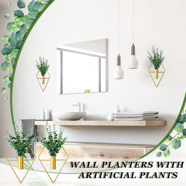 Alt view image 4 of 7 - 2 Pieces Gold Wall Decor Hanging Planters with Artificial Plants Metal Vase Indoor Plants Holder Modern Geometric Wall Art for Home Bathroom Bedroom Living Room Office(Eucalyptus,Medium)