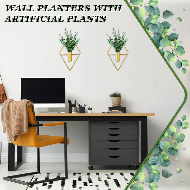 Alt view image 6 of 7 - 2 Pieces Gold Wall Decor Hanging Planters with Artificial Plants Metal Vase Indoor Plants Holder Modern Geometric Wall Art for Home Bathroom Bedroom Living Room Office(Eucalyptus,Medium)
