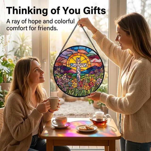 Alt view image 2 of 7 - Christian Gifts for Women - Flower Cross Faux Stained Glass Window Hanging Sun Catcher for Acrylic Home Decor Mother's Day Christmas Easter Religion Gift for Mom Nana Men Grandma Wife Dad 7.8"