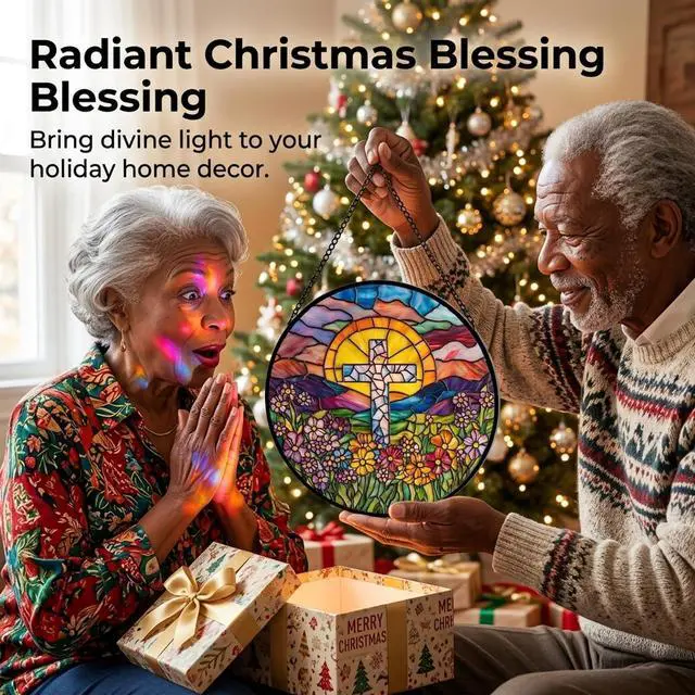 Alt view image 4 of 7 - Christian Gifts for Women - Flower Cross Faux Stained Glass Window Hanging Sun Catcher for Acrylic Home Decor Mother's Day Christmas Easter Religion Gift for Mom Nana Men Grandma Wife Dad 7.8"