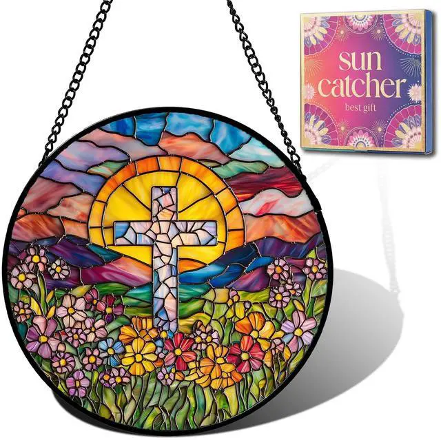 Main image of Christian Gifts for Women - Flower Cross Faux Stained Glass Window Hanging Sun Catcher for Acrylic Home Decor Mother's Day Christmas Easter Religion Gift for Mom Nana Men Grandma Wife Dad 7.8"