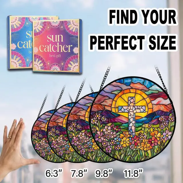 Alt view image 7 of 7 - Christian Gifts for Women - Flower Cross Faux Stained Glass Window Hanging Sun Catcher for Acrylic Home Decor Mother's Day Christmas Easter Religion Gift for Mom Nana Men Grandma Wife Dad 7.8"