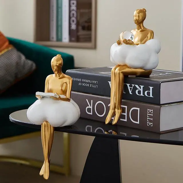 Alt view image 2 of 7 - Gold Home Decor Women Thinker Statue, Modern Bookshelf Figurines Accent Decorations for Living Room, Resin Abstract Art Collectible for Office Bedroom Table Desk