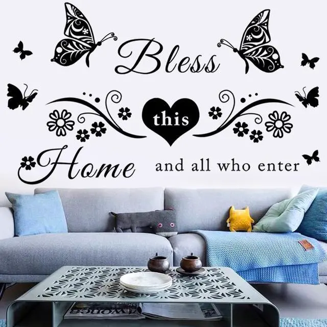 Main image of Vinyl Wall Stickers Quotes Art Decal Sticker Bless This Home and All Who Enter Wall Decals Flowers Butterfly Wall Decor Sticker for Entryway Living Room Home Decor