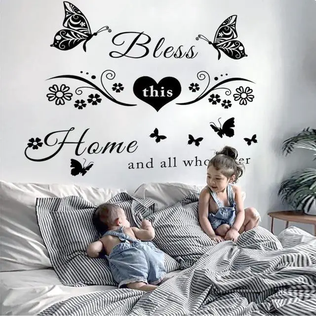 Alt view image 2 of 7 - Vinyl Wall Stickers Quotes Art Decal Sticker Bless This Home and All Who Enter Wall Decals Flowers Butterfly Wall Decor Sticker for Entryway Living Room Home Decor