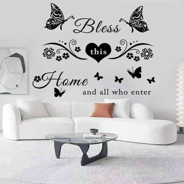 Alt view image 5 of 7 - Vinyl Wall Stickers Quotes Art Decal Sticker Bless This Home and All Who Enter Wall Decals Flowers Butterfly Wall Decor Sticker for Entryway Living Room Home Decor