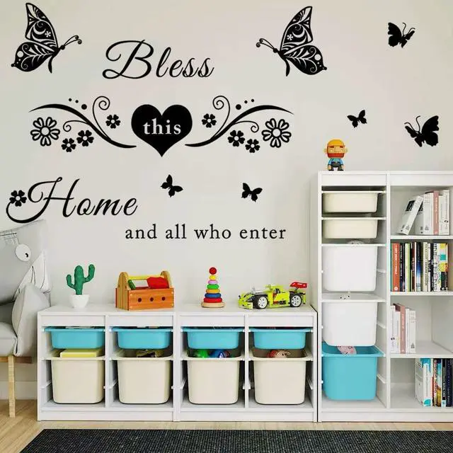 Alt view image 4 of 7 - Vinyl Wall Stickers Quotes Art Decal Sticker Bless This Home and All Who Enter Wall Decals Flowers Butterfly Wall Decor Sticker for Entryway Living Room Home Decor