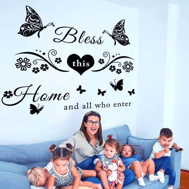 Alt view image 6 of 7 - Vinyl Wall Stickers Quotes Art Decal Sticker Bless This Home and All Who Enter Wall Decals Flowers Butterfly Wall Decor Sticker for Entryway Living Room Home Decor