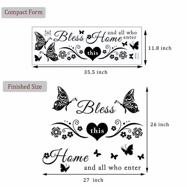 Alt view image 7 of 7 - Vinyl Wall Stickers Quotes Art Decal Sticker Bless This Home and All Who Enter Wall Decals Flowers Butterfly Wall Decor Sticker for Entryway Living Room Home Decor