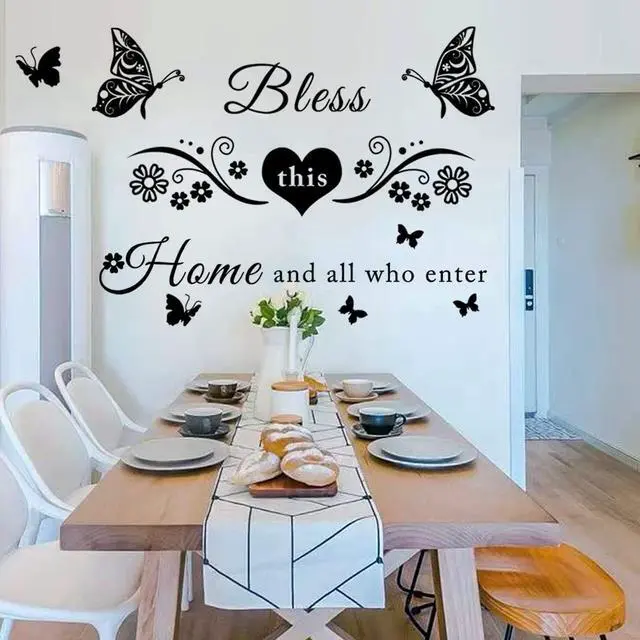 Alt view image 3 of 7 - Vinyl Wall Stickers Quotes Art Decal Sticker Bless This Home and All Who Enter Wall Decals Flowers Butterfly Wall Decor Sticker for Entryway Living Room Home Decor