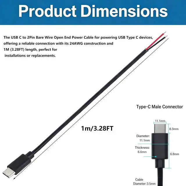 Alt view image 2 of 7 - 24AWG USB Type-C Male Pigtail Cable - 2A Single USB-C to 2-Pin Bare Wire Open End Cord for DIY USB-C Equipment Installation1/3.28FT 2Packs (3.28FT 2PCS)