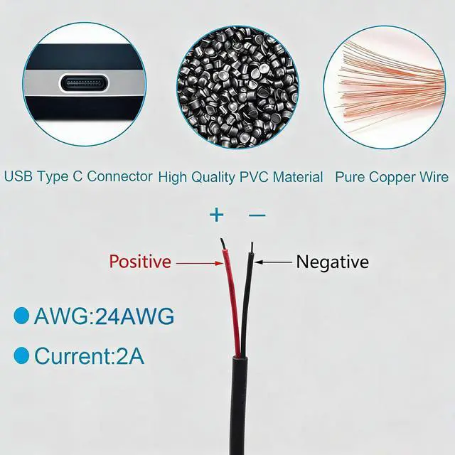 Alt view image 3 of 7 - 24AWG USB Type-C Male Pigtail Cable - 2A Single USB-C to 2-Pin Bare Wire Open End Cord for DIY USB-C Equipment Installation1/3.28FT 2Packs (3.28FT 2PCS)