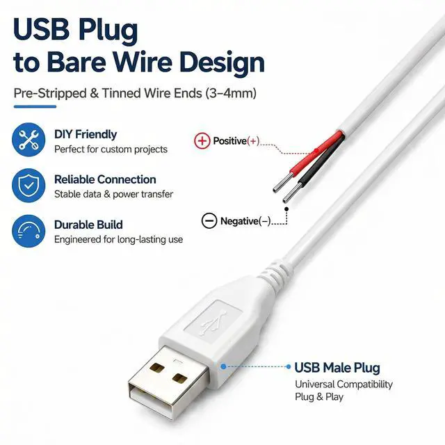 Alt view image 3 of 7 - USB Pigtail Cable USB Power Cable Wire with Wire Connectors,3.28ft 24AWG 2A 5V,DIY Repair Kit, Bare Wire Open End,Pure Copper,White,2-Pack
