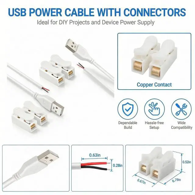 Alt view image 4 of 7 - USB Pigtail Cable USB Power Cable Wire with Wire Connectors,3.28ft 24AWG 2A 5V,DIY Repair Kit, Bare Wire Open End,Pure Copper,White,2-Pack