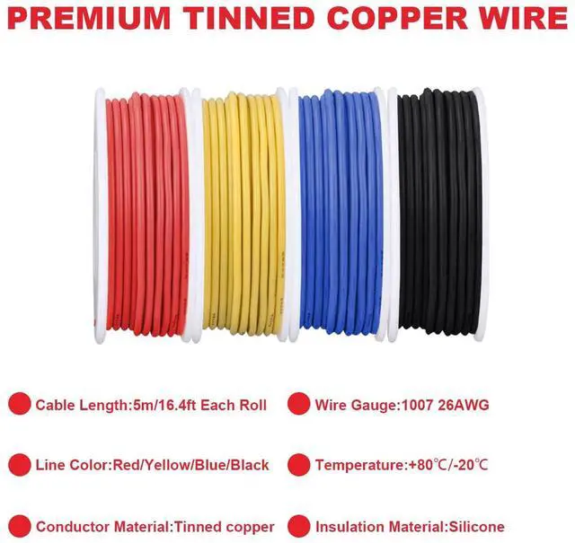 Alt view image 2 of 7 - 26 Gauge Solid Wire 300V PVC Electrical Wire 26AWG Insulation Tinned Coated Copper Wire Hook Up Wire 4Colors(Red/Yellow/Blue/Black) 5m/16.4ft Each Wire Assortment for Electronics DIY