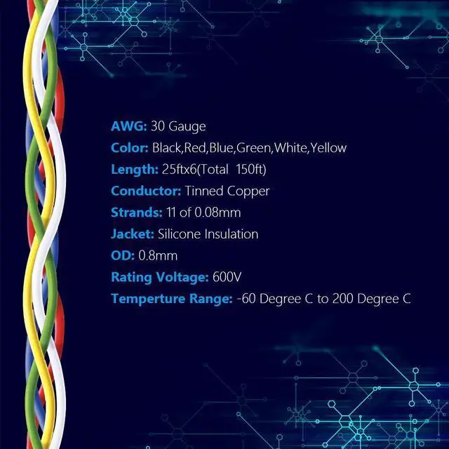 Alt view image 2 of 7 - 30 AWG Stranded Wire Spool 25ft Each 6 Colors Flexible 30 Gauge Silicone Hook up Wire Kit Electrical Tinned Copper Wire