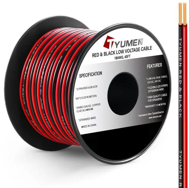 Main image of 40FT 18 Gauge 2pin 2 Color Red Black Cable Hookup Electrical Wire LED Strips Extension Cord 12V/24V DC Cable, 18AWG Flexible Wire Extension Cords for LED Ribbon Lamp Tape Lighting