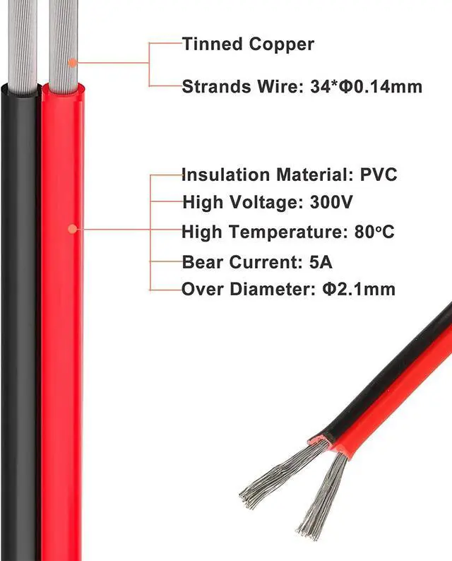 Alt view image 2 of 7 - 24 Gauge Wire (24 AWG) - 32 Foot 2 Pins Tinned Pure Copper Electrical Wire, 2468 80 300V Hookup Red Black Copper Stranded Auto 2 Cord Flexible Extension Cable for LED Ribbon Lamp Light