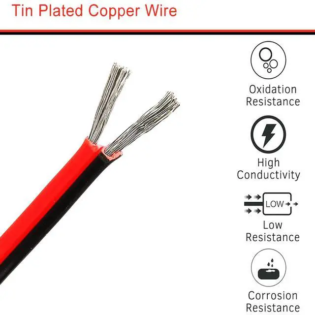 Alt view image 3 of 7 - 24 Gauge Wire (24 AWG) - 32 Foot 2 Pins Tinned Pure Copper Electrical Wire, 2468 80 300V Hookup Red Black Copper Stranded Auto 2 Cord Flexible Extension Cable for LED Ribbon Lamp Light