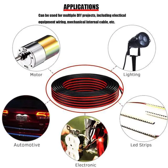 Alt view image 6 of 7 - 24 Gauge Wire (24 AWG) - 32 Foot 2 Pins Tinned Pure Copper Electrical Wire, 2468 80 300V Hookup Red Black Copper Stranded Auto 2 Cord Flexible Extension Cable for LED Ribbon Lamp Light