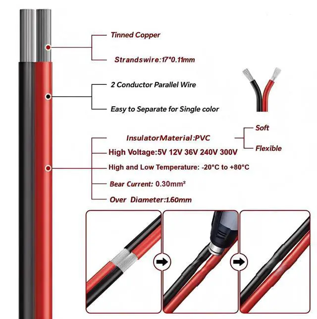 Alt view image 2 of 6 - 22 Gauge Electrical Wire with Heat Shrink Tubing, 22 Awg Red and Black Tinned Copper Electric Stranded Wire 0.30mm² for Automotive House LED Lamp, Flexible PVC High Temp(10M/32.8FT)