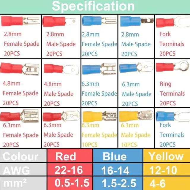 Alt view image 3 of 7 - 280PCS Crimp Connectors, 2.8mm 4.8mm 6.3mm Male and Female Spade Connector kit, 15 Types Crimp Terminals Electrical Connectors, Electrical Terminals Includes Spade Ring Fork Wire Connectors