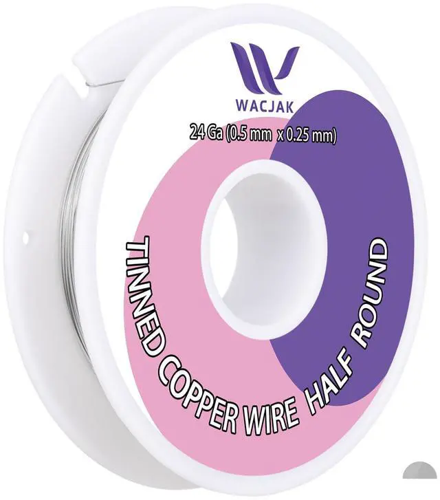 Main image of 24 Ga 100Ft Tinned Half Hard Copper Half Round Wire 0.51mm x 0.25mm - Grayish Silver Finish, 1.3oz, Ideal for Crafting & Electronics