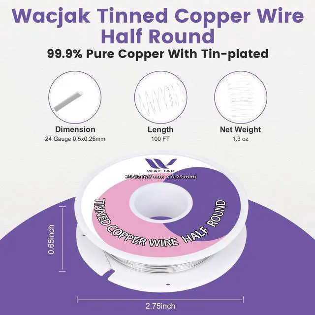 Alt view image 3 of 7 - 24 Ga 100Ft Tinned Half Hard Copper Half Round Wire 0.51mm x 0.25mm - Grayish Silver Finish, 1.3oz, Ideal for Crafting & Electronics