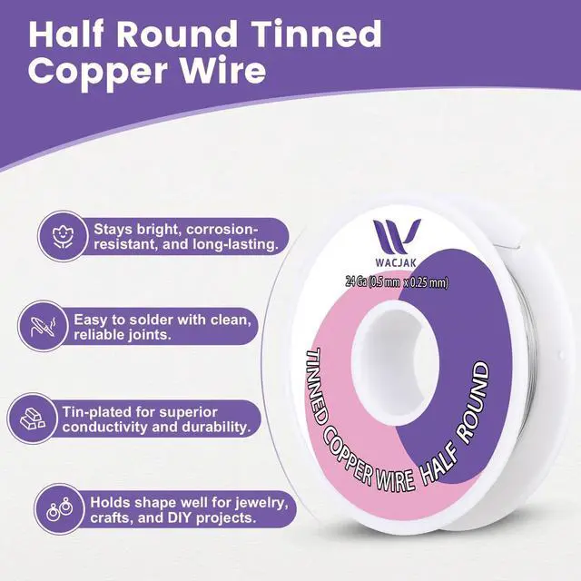 Alt view image 2 of 7 - 24 Ga 100Ft Tinned Half Hard Copper Half Round Wire 0.51mm x 0.25mm - Grayish Silver Finish, 1.3oz, Ideal for Crafting & Electronics
