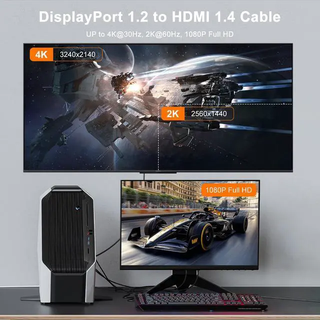 Alt view image 4 of 7 - 4K DisplayPort to HDMI Cable 3FT, 4K@30Hz, 2K@60Hz, 1080P Full HD, Uni-Directional DP 1.2 Computer to HDMI 1.4 Screen Cable, Compatible with NVIDIA, AMD, HP, Monitor, Projector, Desktop
