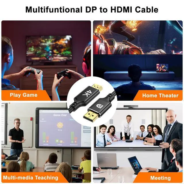 Alt view image 7 of 7 - 4K DisplayPort to HDMI Cable 3FT, 4K@30Hz, 2K@60Hz, 1080P Full HD, Uni-Directional DP 1.2 Computer to HDMI 1.4 Screen Cable, Compatible with NVIDIA, AMD, HP, Monitor, Projector, Desktop