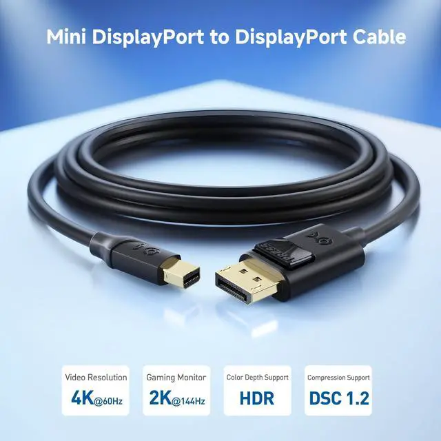 Alt view image 2 of 7 - Long Mini DisplayPort to DisplayPort Cable - 15ft, Supports 4K@60Hz / 2K@144Hz, Mini DP to DP Cable, Black