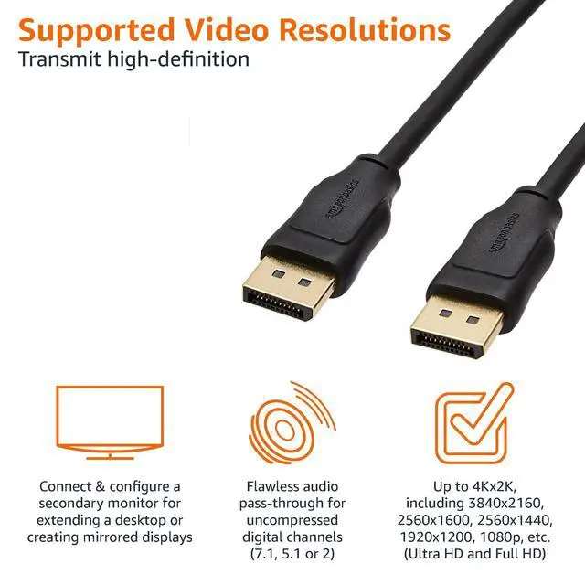 Alt view image 3 of 7 - DisplayPort to DisplayPort 1.2 Cable, 4K@60Hz, 2K@165Hz, 2K@144Hz Video Resolution, Gold-Plated Connectors, 3 Feet, Black