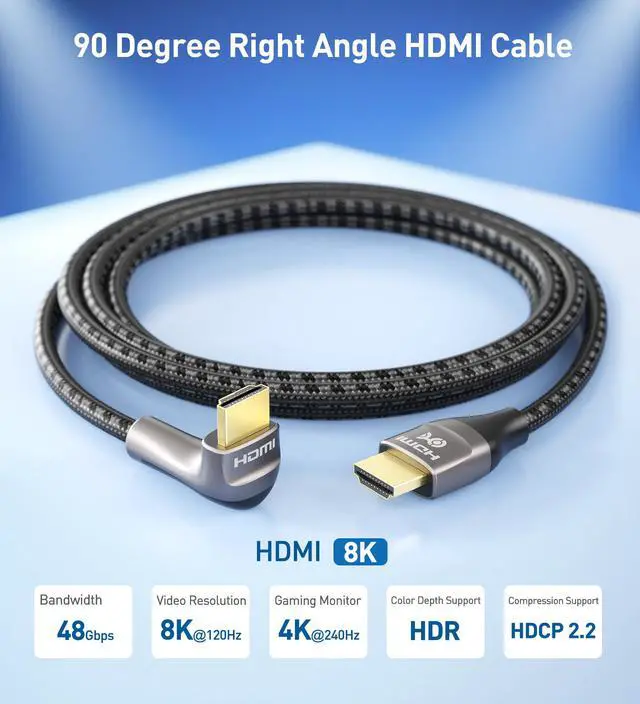 Alt view image 2 of 7 - 48Gbps Ultra HD 8K Right Angle HDMI Cable 6.6 ft (90 Degree HDMI Cable) with 8K@60Hz, 4K@240Hz and HDR Support in Black