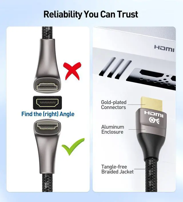 Alt view image 5 of 7 - 48Gbps Ultra HD 8K Right Angle HDMI Cable 6.6 ft (90 Degree HDMI Cable) with 8K@60Hz, 4K@240Hz and HDR Support in Black
