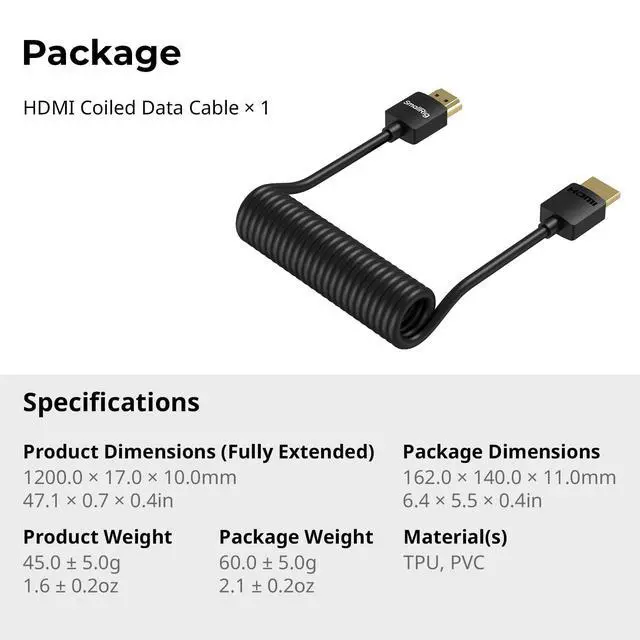Alt view image 6 of 7 - Coiled HDMI Cable 2.0 (A to A), 4K@60Hz 18Gbps, High Speed Supports 3D, Flexible Durable TPU Camera Cable for BMPCC 4K/6K, for Panasonic S1H/GH5, etc., for Monitor, Gimbal - 4963
