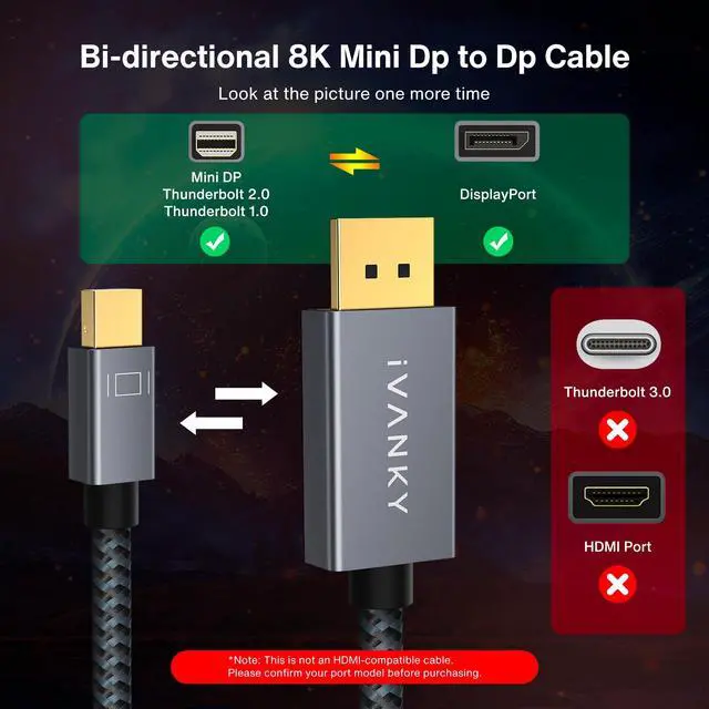 Alt view image 2 of 7 - 8K Mini DisplayPort to DisplayPort 1.4 Cable 6.6ft, 8K@60Hz 4K@240Hz 32.4Gbps Bi-Directional Mini DP to DP Cord Dynamic HDR10+, HDCP 2.3, DSC 1.2a, for Thunderbolt 2/1 MacBook GSync FreeSync PC