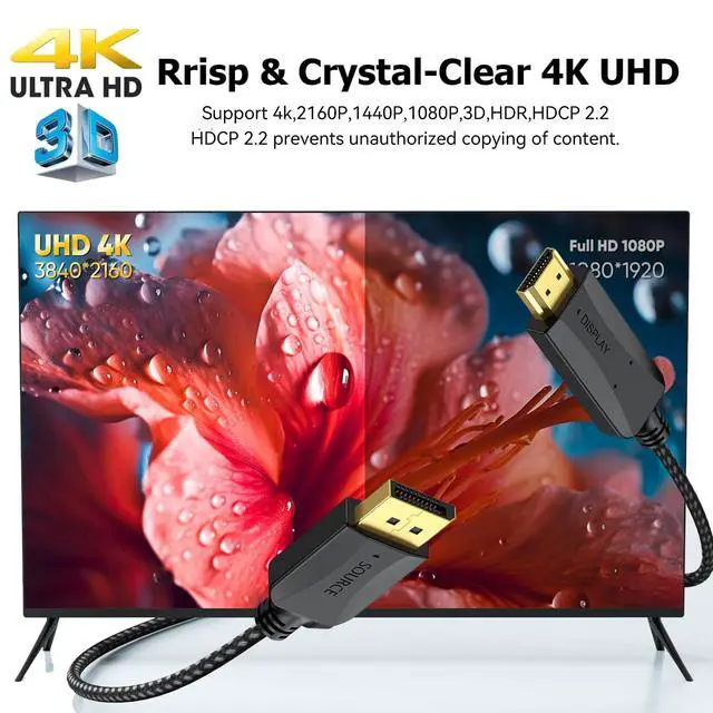 Alt view image 3 of 7 - DisplayPort to HDMI Cable 6 feet 2-Pack, 4K Display Port DP to HDMI Display Adapter Male to Male Cord UHD 4K, 2K,1080P, Gold-Plated Braided Support Video and Audio for Dell, HP, NVIDIA,Samsung, More